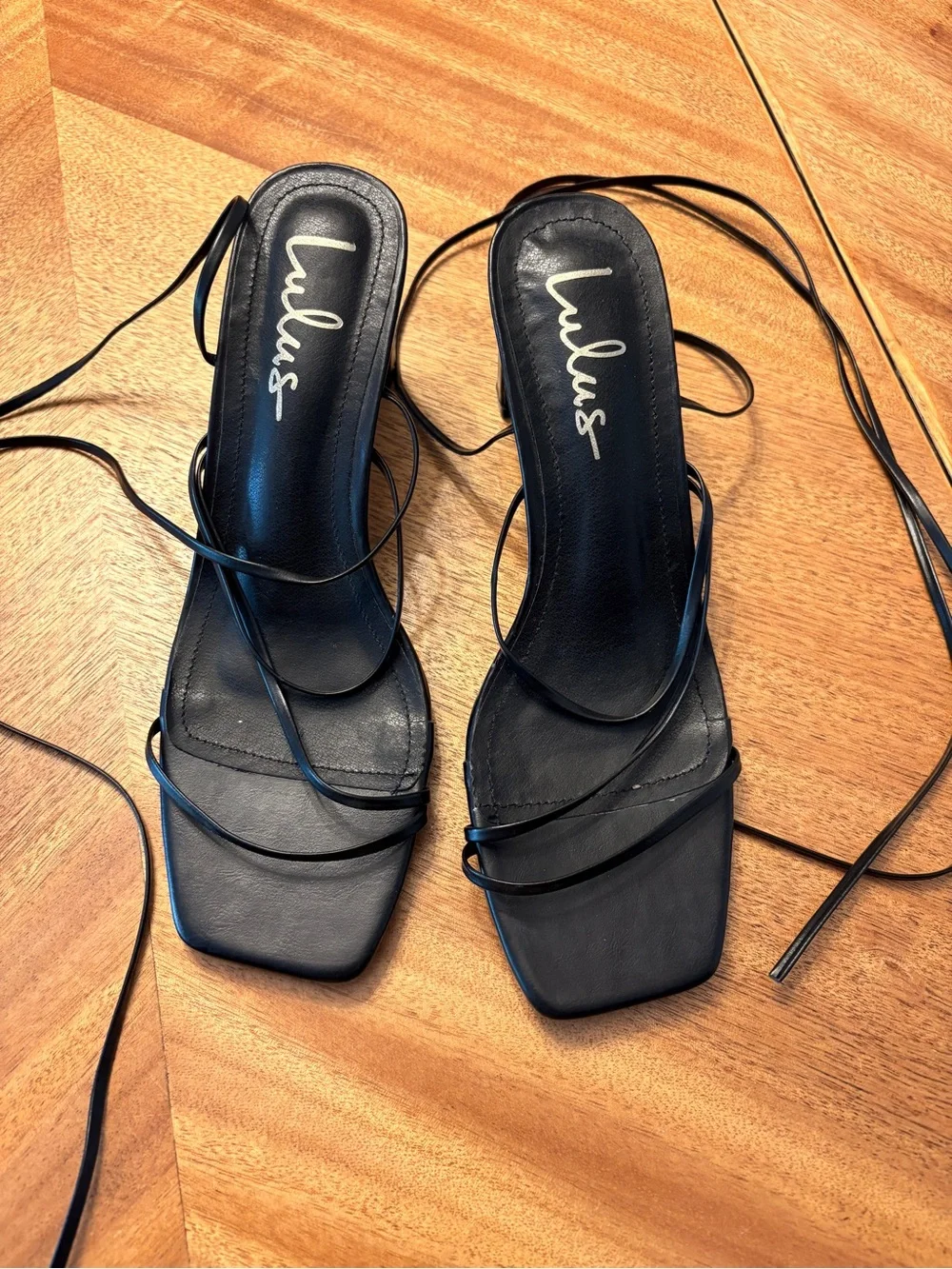 Lulu's Black Lace-Up Square Toe Strappy Heels
